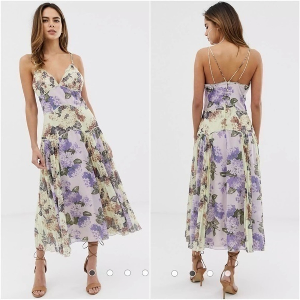 ASOS Cami Midi Dress Mixed Floral Pleat and Lace Trim